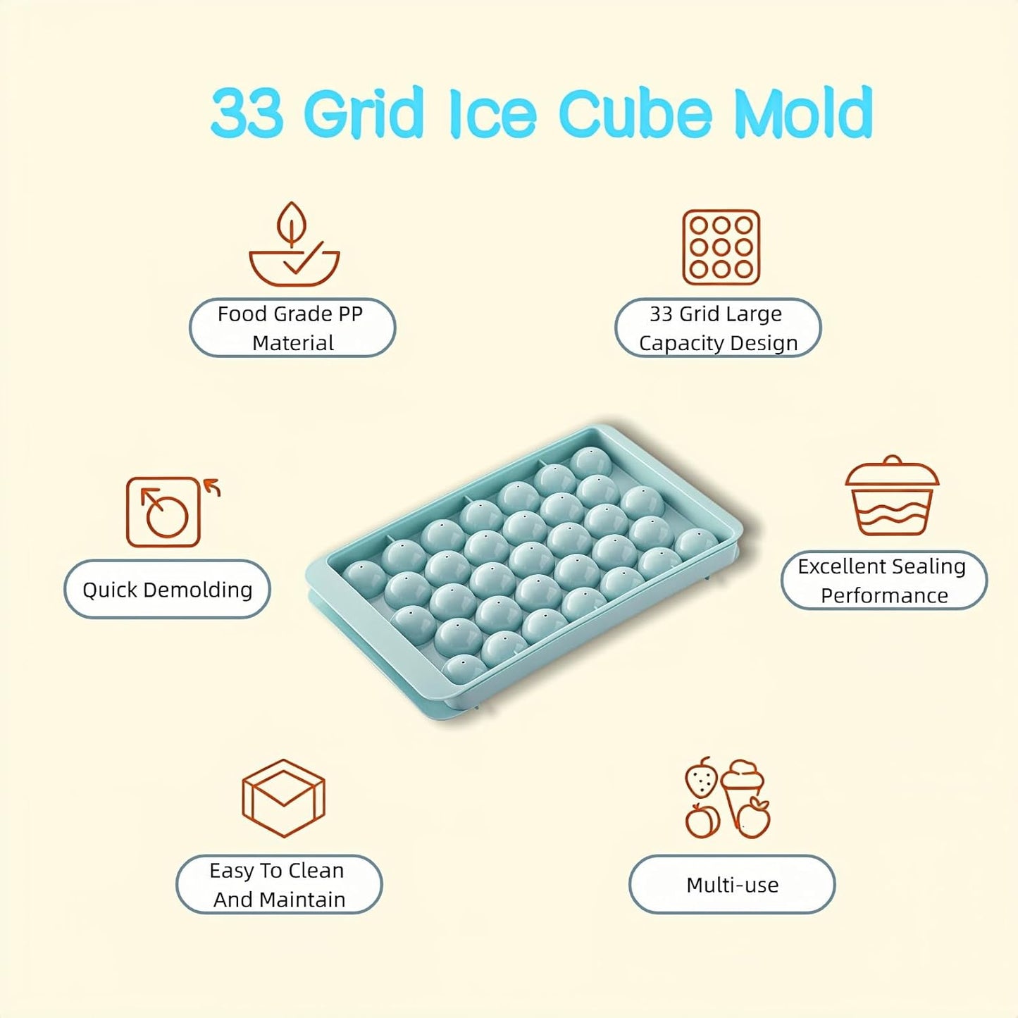 Round Ice Ball Maker Tray with Lid, 33-Cavity Mini Sphere Mold, 0.98 Inch, BPA-Free Plastic, Easy Release, for Cocktails, Whiskey, Coffee