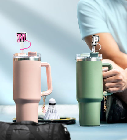 （3 +3) 3PCS Nuozme Straw Cover 10mm For Stanley Tumbler Cup Reusable Straw Cap Topper with 3 Initial Letter Charms Accessories Name ID Personalized Handle Charm For Stanley 30&40 Oz Cup Tumbler - Colors A
