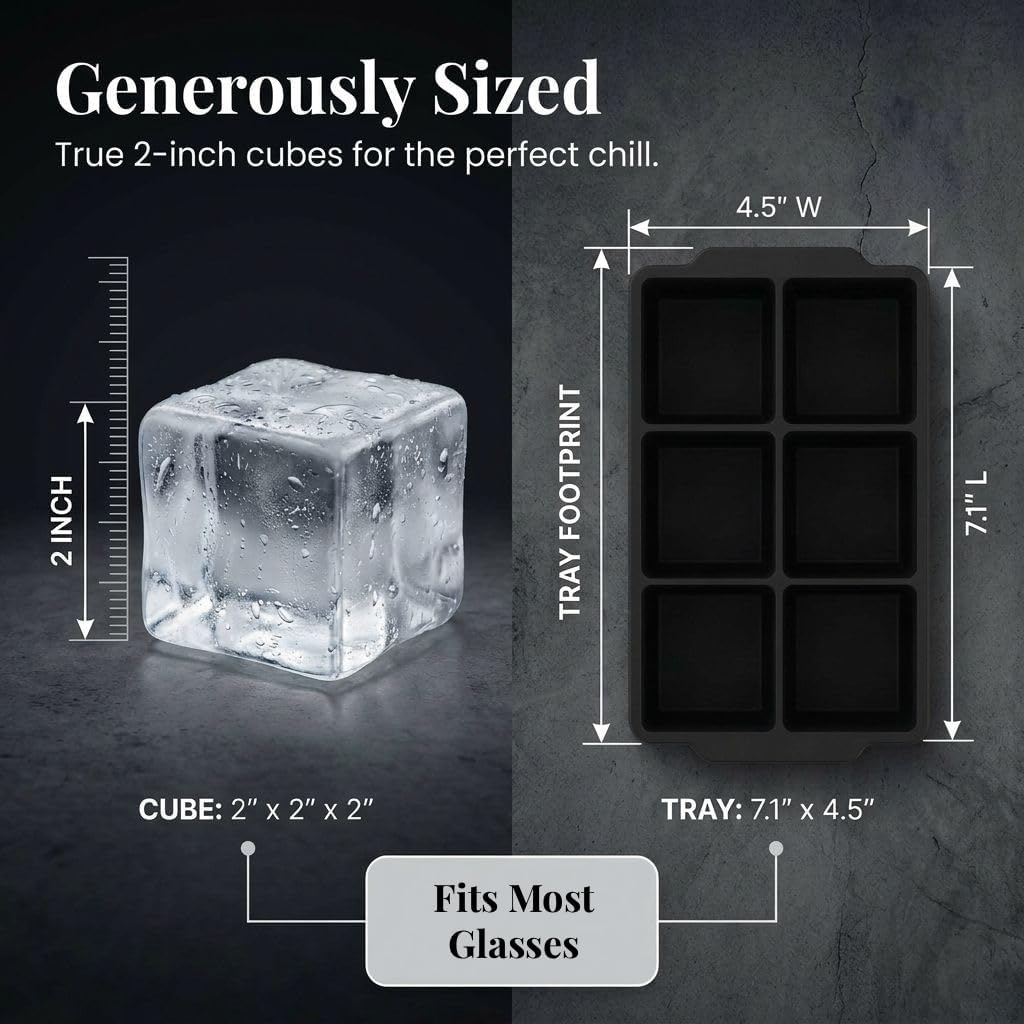 KitchFort Large Silicone Ice Cube Tray (2-Pack), Easy Release 2" Big Ice Cubes - Cocktail, Whiskey Ice Cubes Mold - Ice Trays for Freezer with Lid - Stackable Silicone Ice Tray - Black