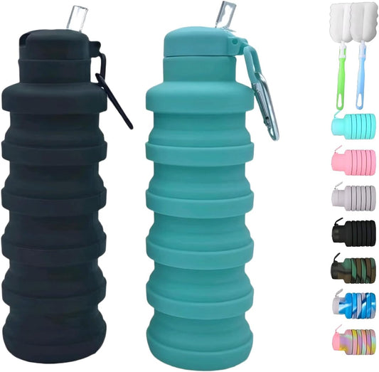 Collapsible water bottles 2 Pack with brush,BPA Free Travel Silicone Water Bottle with Carabiner,Reusable Foldable Portable Lightweight Sports bottles for Gym Camping Hiking (Black+Aqua blue)