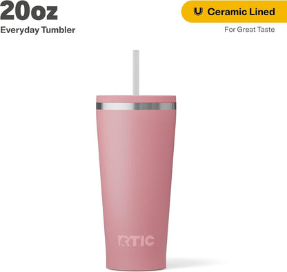 RTIC 20oz Everyday Tumbler Insulated Stainless Steel Portable Travel Coffee Cup with Straw, Ceramic Lining, Spill-Resistant Lid, BPA-Free, Hot and Cold Drink, Beach