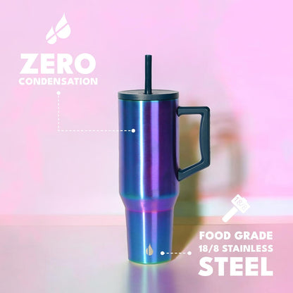 Elemental 32 oz 100% Leak Proof Tumbler with Handle & Straw - Stainless Steel Double Wall Insulated Tumbler for Hot and Cold Beverages - Travel Coffee Mug with Sip & Straw Lid - White - Colors B