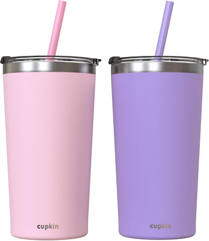 CUPKIN Stainless Steel Insulated Tumbler with Lid and Straw, 20 oz Stainless Steel Cups, Set of 2 Travel Coffee Mug for Adults, Iced Coffee Cup with Lid, Tumbler for Travel (Coral + Yellow)