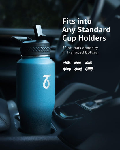 Trebo 40 oz Water Bottle Insulated Fit Car Cup Holder with Handle, Stainless Steel Water Bottles Tumbler with Spout Straw Lids, Double Wall Travel Reusable Flask, Leakproof Mug,Keep Cold &Hot,Black