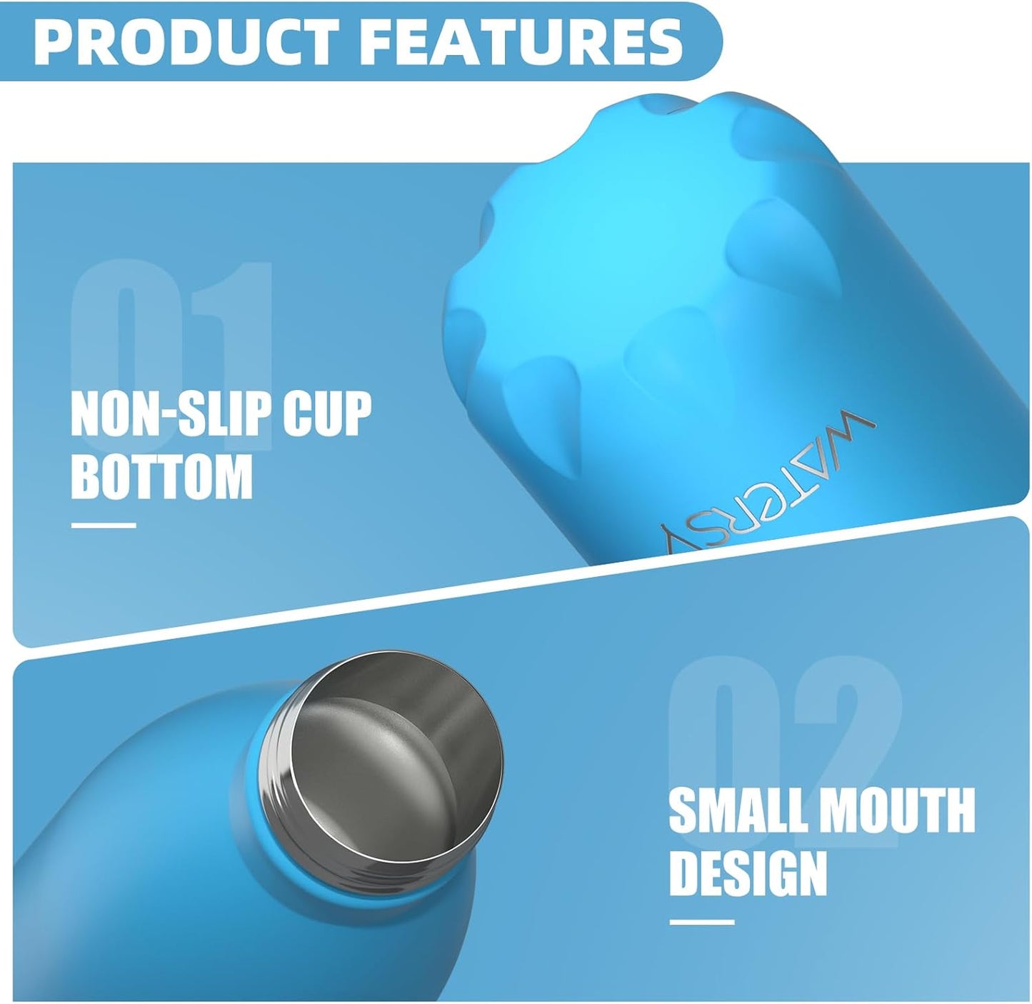 WATERSY Stainless Steel water bottles,17oz/500ml Insulated Water Bottles,Deep Blue metal water bottle Keeps Drink Cold and Hot,BPA Free kids water bottles for School,Gym,Travel,Sports