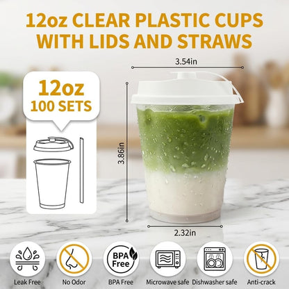 100 Sets Bulk Frosted Disposable Hard Plastic Cups With Straws Lids,90mm Disposable Bubble Boba Milk Tea ToGo Cups Cold Hot Plastic coffee Boba Tea Business TakeAway Supplies (16, ounces)