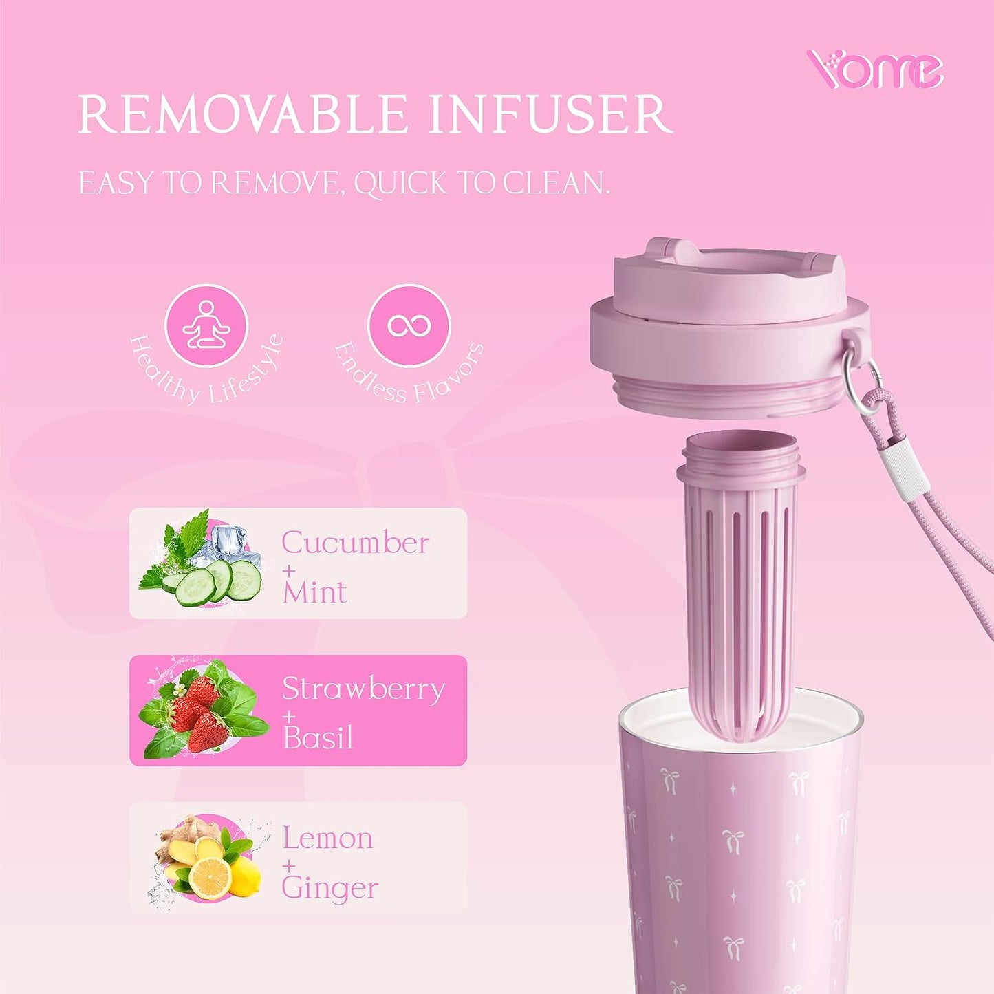YOME 17oz Elegant Purple Bow Ceramic Lined Insulated Coffee Mug with Infuser for Women| One-handed Pop Open Lid | Stainless Steel |Keep Drinks Cold and Hot| 100% Leak Proof