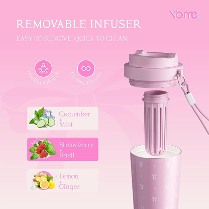 YOME 17oz Elegant Purple Bow Ceramic Lined Insulated Coffee Mug with Infuser for Women| One-handed Pop Open Lid | Stainless Steel |Keep Drinks Cold and Hot| 100% Leak Proof