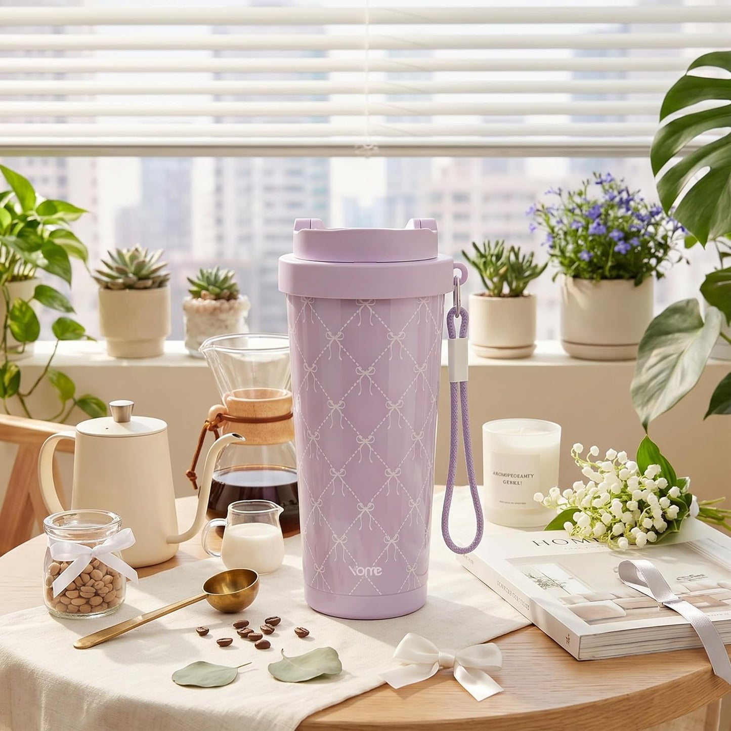 YOME 17oz Elegant Purple Bow Ceramic Lined Insulated Coffee Mug with Infuser for Women| One-handed Pop Open Lid | Stainless Steel |Keep Drinks Cold and Hot| 100% Leak Proof
