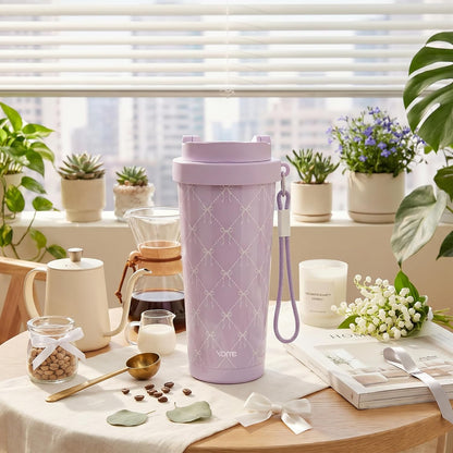 YOME 17oz Elegant Purple Bow Ceramic Lined Insulated Coffee Mug with Infuser for Women| One-handed Pop Open Lid | Stainless Steel |Keep Drinks Cold and Hot| 100% Leak Proof