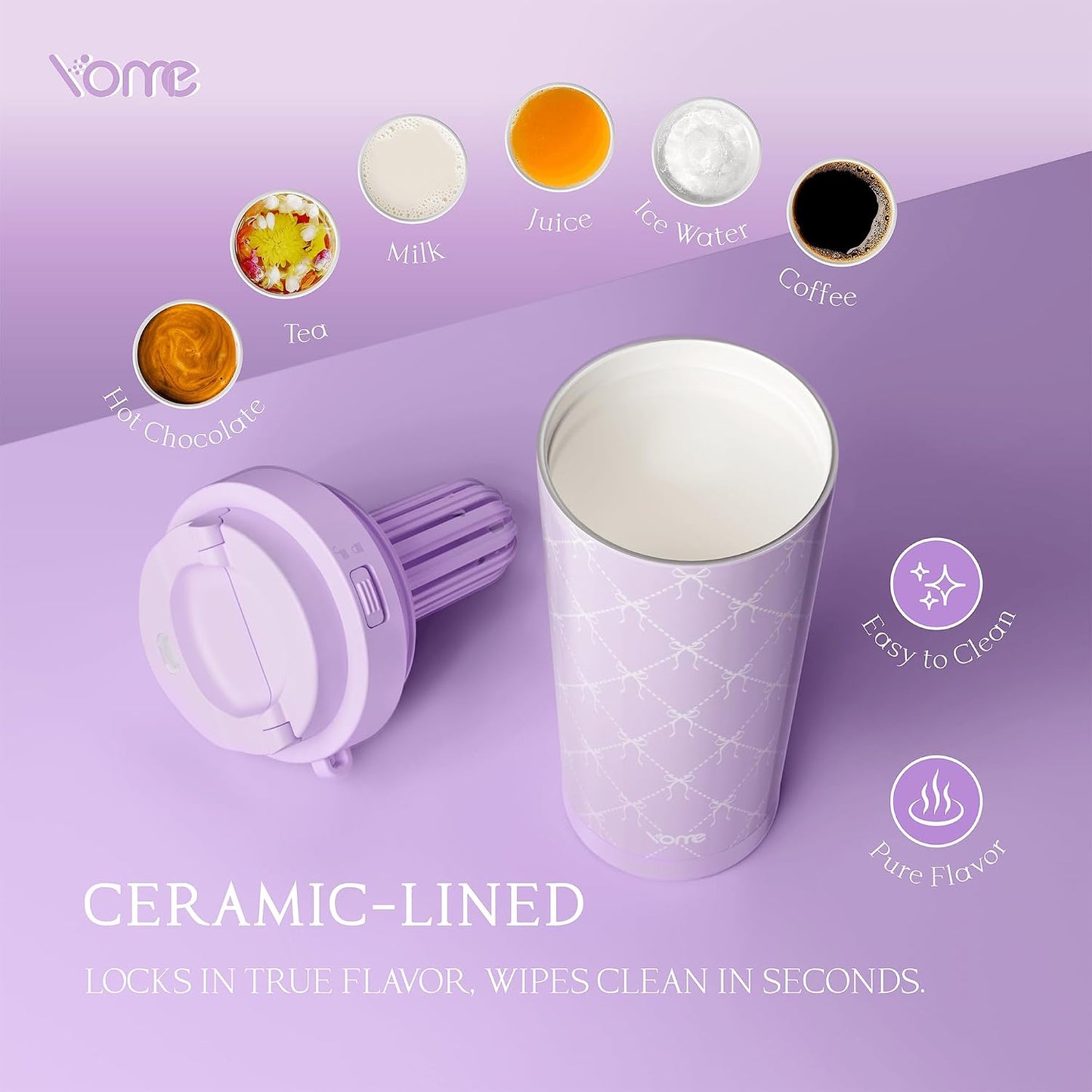 YOME 17oz Elegant Purple Bow Ceramic Lined Insulated Coffee Mug with Infuser for Women| One-handed Pop Open Lid | Stainless Steel |Keep Drinks Cold and Hot| 100% Leak Proof