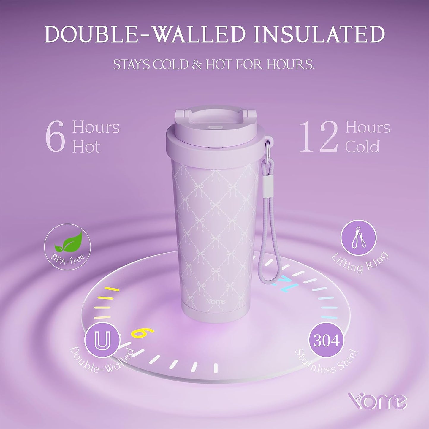 YOME 17oz Elegant Purple Bow Ceramic Lined Insulated Coffee Mug with Infuser for Women| One-handed Pop Open Lid | Stainless Steel |Keep Drinks Cold and Hot| 100% Leak Proof