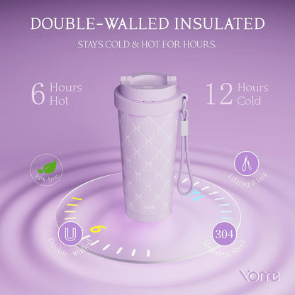 YOME 17oz Elegant Purple Bow Ceramic Lined Insulated Coffee Mug with Infuser for Women| One-handed Pop Open Lid | Stainless Steel |Keep Drinks Cold and Hot| 100% Leak Proof