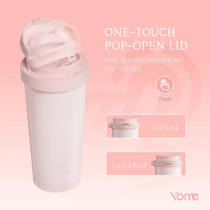 YOME 17oz Elegant Purple Bow Ceramic Lined Insulated Coffee Mug with Infuser for Women| One-handed Pop Open Lid | Stainless Steel |Keep Drinks Cold and Hot| 100% Leak Proof