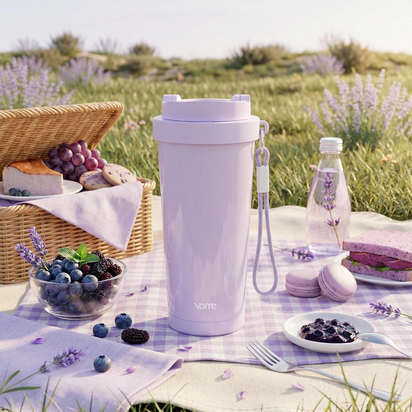 YOME 17oz Elegant Purple Bow Ceramic Lined Insulated Coffee Mug with Infuser for Women| One-handed Pop Open Lid | Stainless Steel |Keep Drinks Cold and Hot| 100% Leak Proof