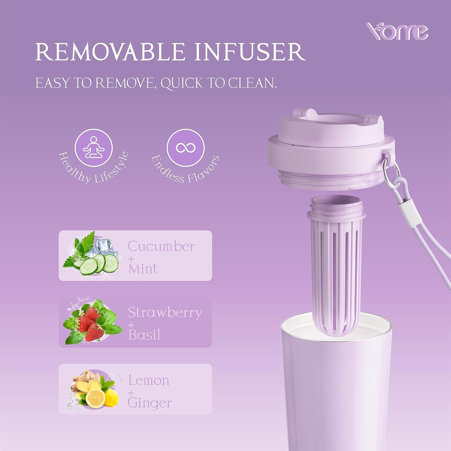 YOME 17oz Elegant Purple Bow Ceramic Lined Insulated Coffee Mug with Infuser for Women| One-handed Pop Open Lid | Stainless Steel |Keep Drinks Cold and Hot| 100% Leak Proof