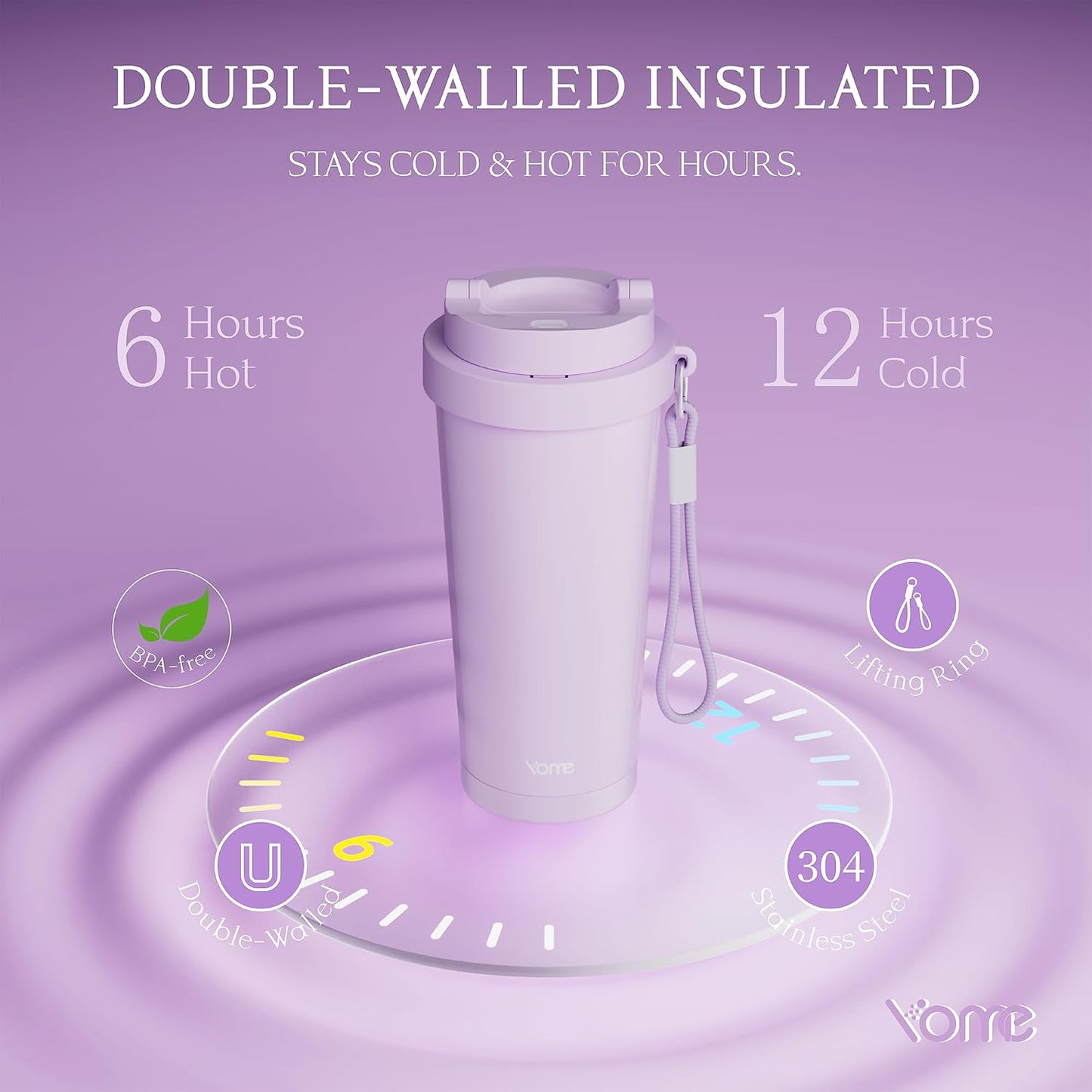 YOME 17oz Elegant Purple Bow Ceramic Lined Insulated Coffee Mug with Infuser for Women| One-handed Pop Open Lid | Stainless Steel |Keep Drinks Cold and Hot| 100% Leak Proof