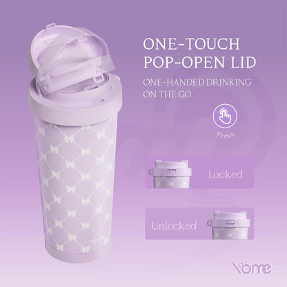 YOME 17oz Elegant Purple Bow Ceramic Lined Insulated Coffee Mug with Infuser for Women| One-handed Pop Open Lid | Stainless Steel |Keep Drinks Cold and Hot| 100% Leak Proof