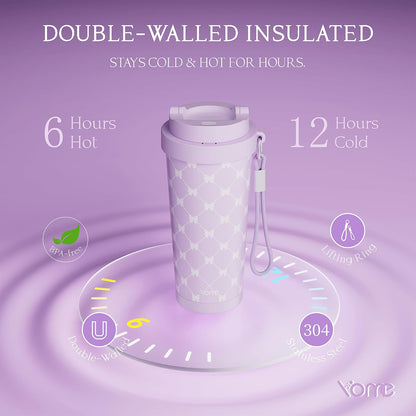 YOME 17oz Elegant Purple Bow Ceramic Lined Insulated Coffee Mug with Infuser for Women| One-handed Pop Open Lid | Stainless Steel |Keep Drinks Cold and Hot| 100% Leak Proof