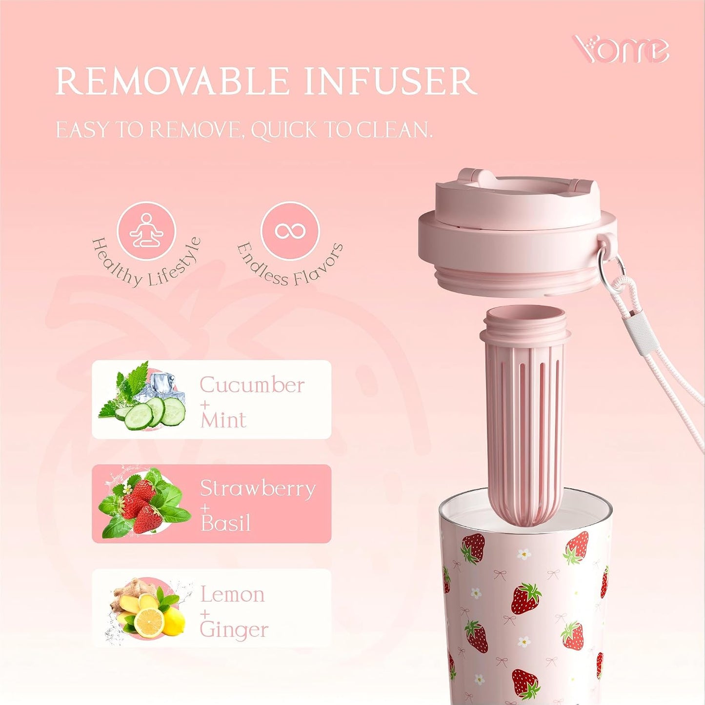 YOME 17oz Elegant Purple Bow Ceramic Lined Insulated Coffee Mug with Infuser for Women| One-handed Pop Open Lid | Stainless Steel |Keep Drinks Cold and Hot| 100% Leak Proof