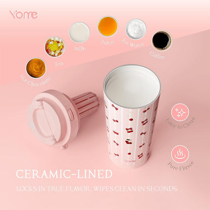 YOME 17oz Elegant Purple Bow Ceramic Lined Insulated Coffee Mug with Infuser for Women| One-handed Pop Open Lid | Stainless Steel |Keep Drinks Cold and Hot| 100% Leak Proof