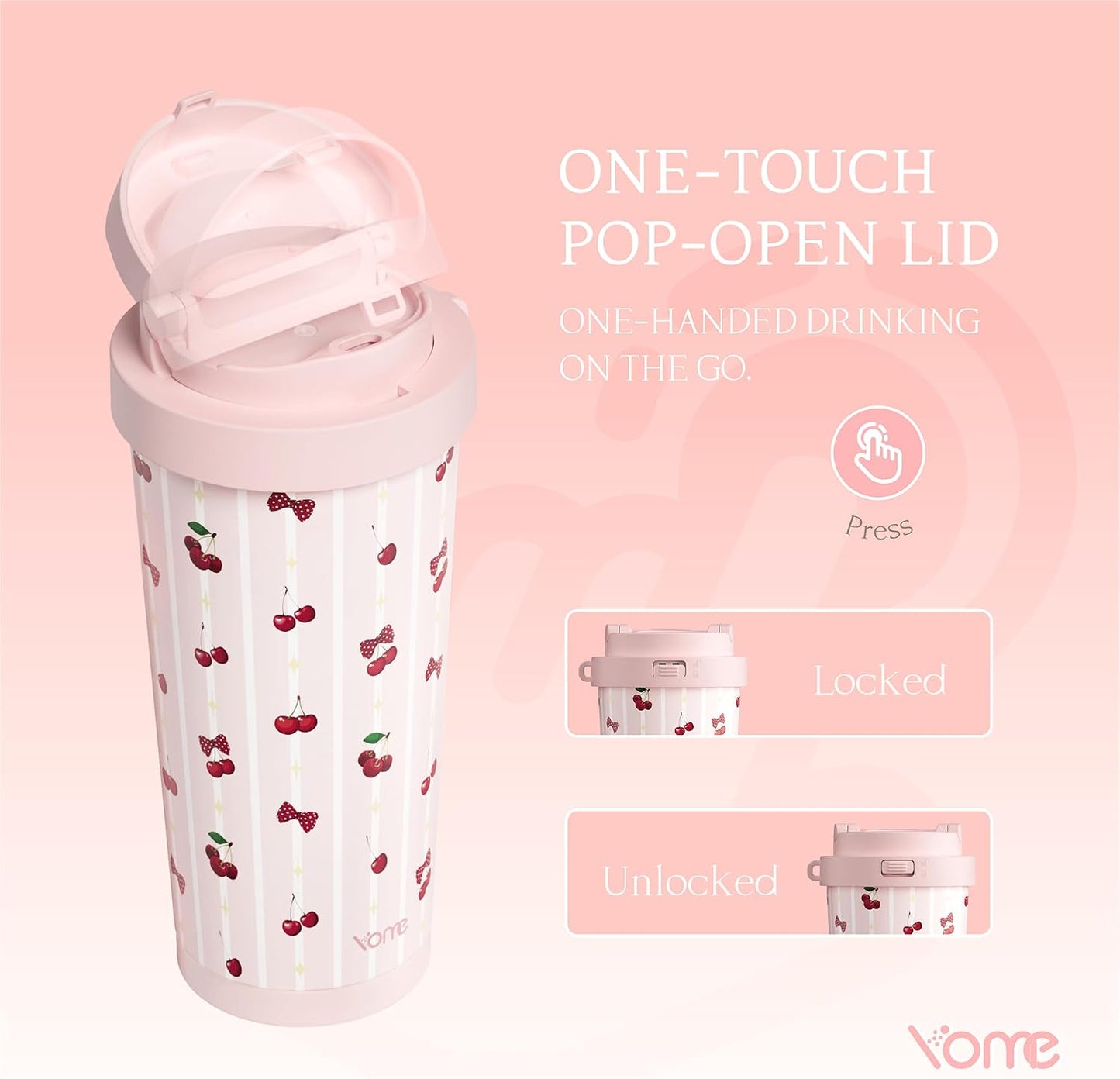 YOME 17oz Elegant Purple Bow Ceramic Lined Insulated Coffee Mug with Infuser for Women| One-handed Pop Open Lid | Stainless Steel |Keep Drinks Cold and Hot| 100% Leak Proof