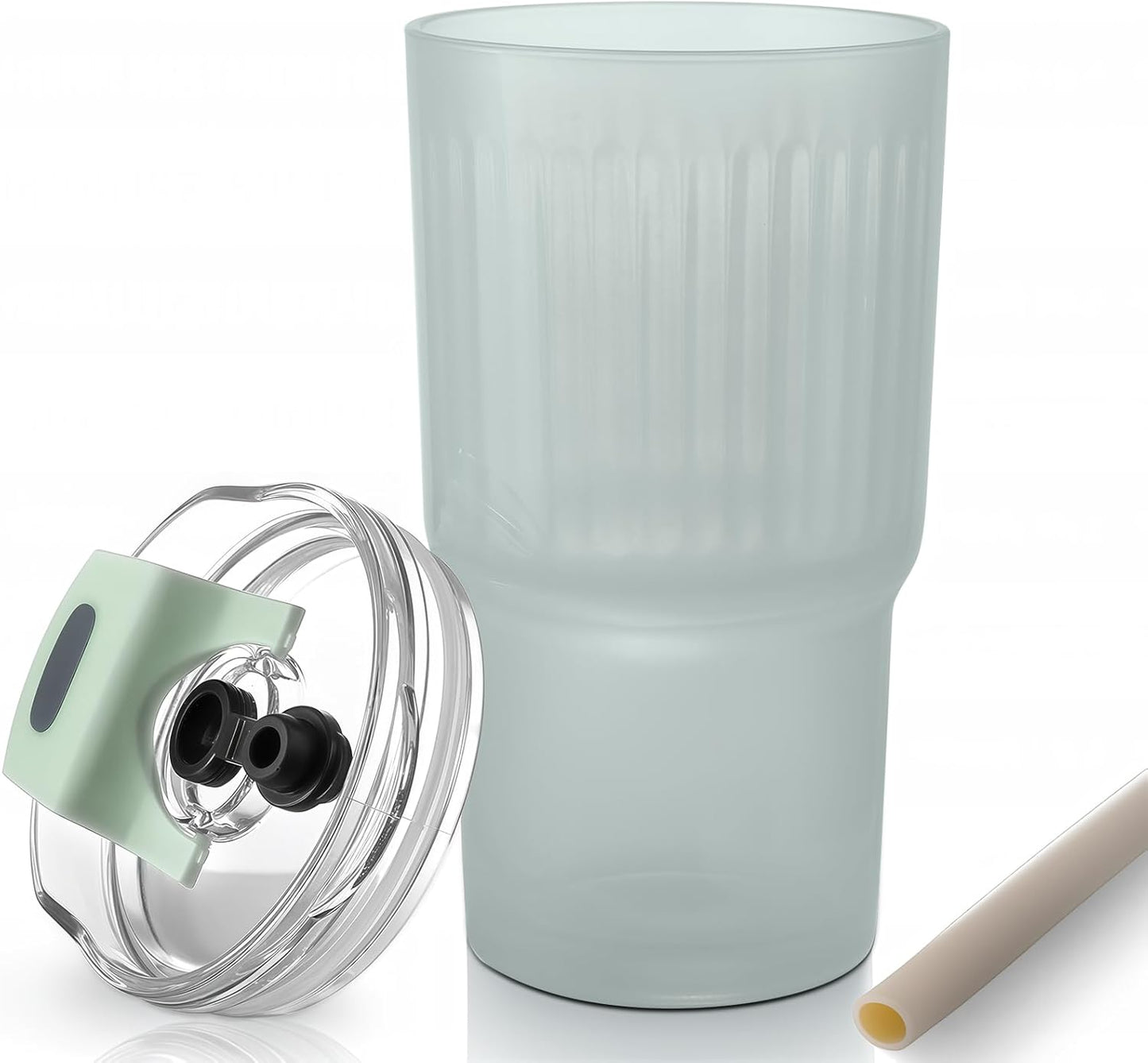 Iced Coffee Cups with Lids: Coffee Bar Accessories - Ribbed Glass Tumbler with Straw and Lid 4Pcs - 20oz Leak Proof Tumbler - Reusable Glass Cups and Tumblers with Lid and Straws for To Go Iced Coffee