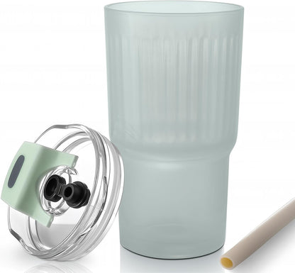 Iced Coffee Cups with Lids: Coffee Bar Accessories - Ribbed Glass Tumbler with Straw and Lid 4Pcs - 20oz Leak Proof Tumbler - Reusable Glass Cups and Tumblers with Lid and Straws for To Go Iced Coffee