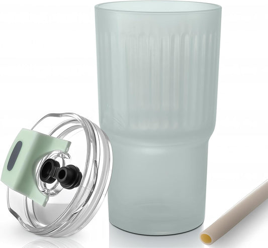 Iced Coffee Cups with Lids: Coffee Bar Accessories - Ribbed Glass Tumbler with Straw and Lid 4Pcs - 20oz Leak Proof Tumbler - Reusable Glass Cups and Tumblers with Lid and Straws for To Go Iced Coffee