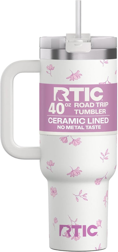 RTIC 30 oz Road Trip Tumbler Double-Walled Ceramic Lined InsulatedStainless Steel Portable Travel Coffee Mug Cup with Lid, Handle and Straw, Periwinkle Bouquet