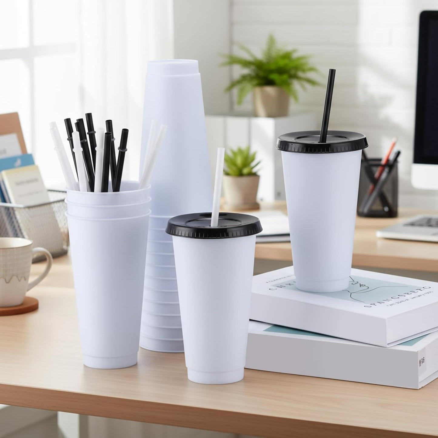 Honeydak 15 Pack Tumbler with Straw and Lid Bulk Cups for Gifts Water Bottle Iced Coffee Travel Mug Cup Reusable Plastic Tumblers for Party Birthdays 24-27 oz (Solid Color)