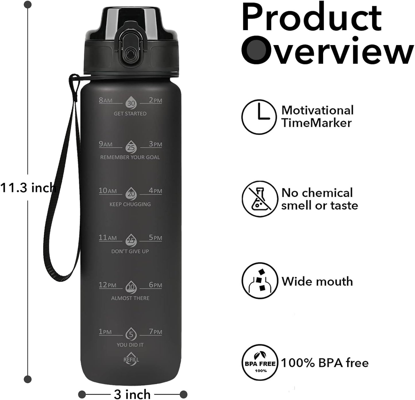32oz Water Bottle with Time Marker, Motivational Drinking Bottle with Strap, BPA-Free Leak-Proof, Encouraging Water Bottle Time to Drink Water for Gym School Office Travel