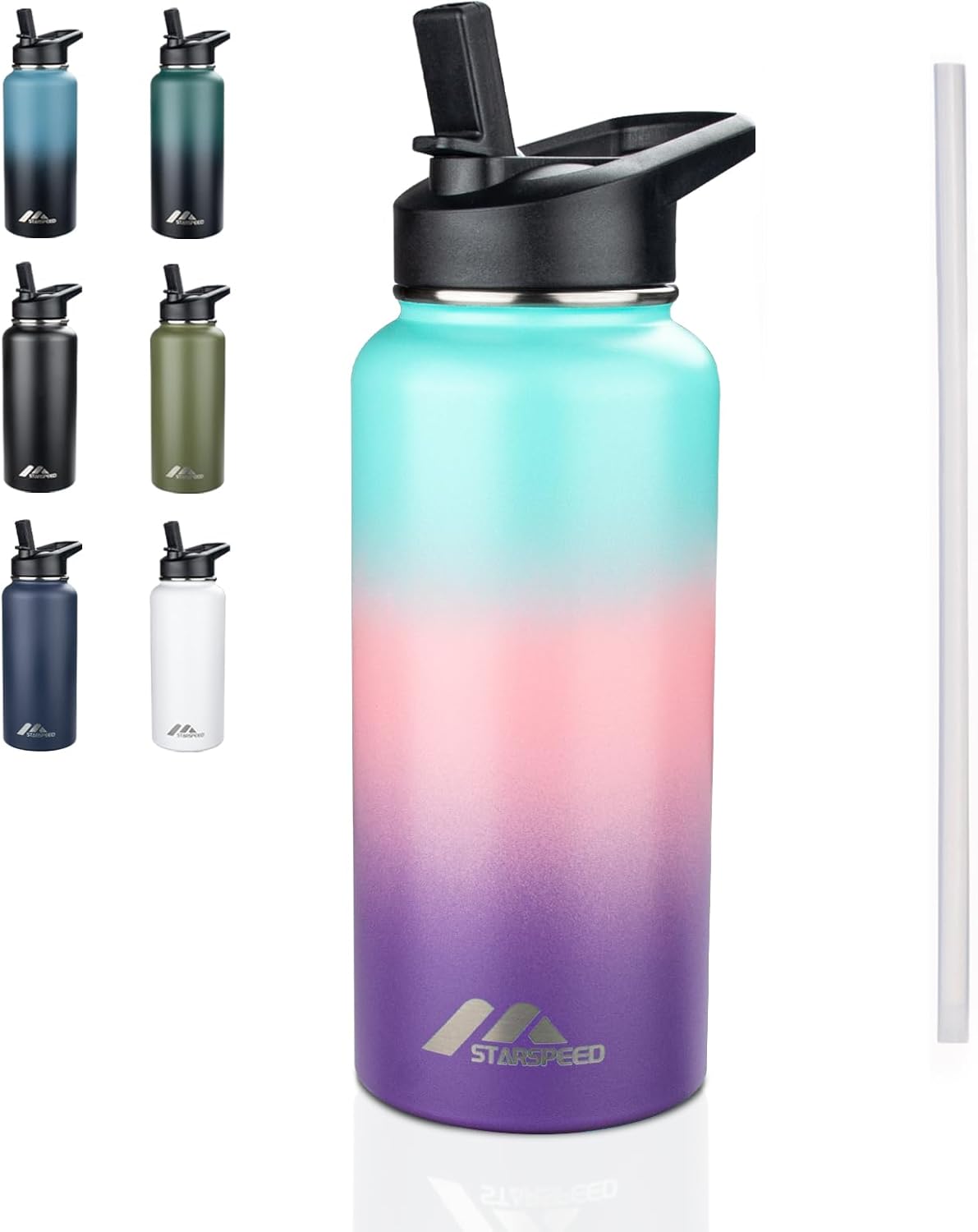 StarSpeed 32oz Insulated Water Bottle with Straw Lid, Stainless Steel Double Walled Vacuum Water Flask, Wide Mouth Sports Water Bottle for Gym Camping Hiking, Indigo Black
