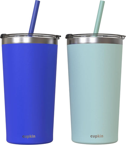 CUPKIN Stainless Steel Insulated Tumbler with Lid and Straw, 20 oz Stainless Steel Cups, Set of 2 Travel Coffee Mug for Adults, Iced Coffee Cup with Lid, Tumbler for Travel (Coral + Yellow)