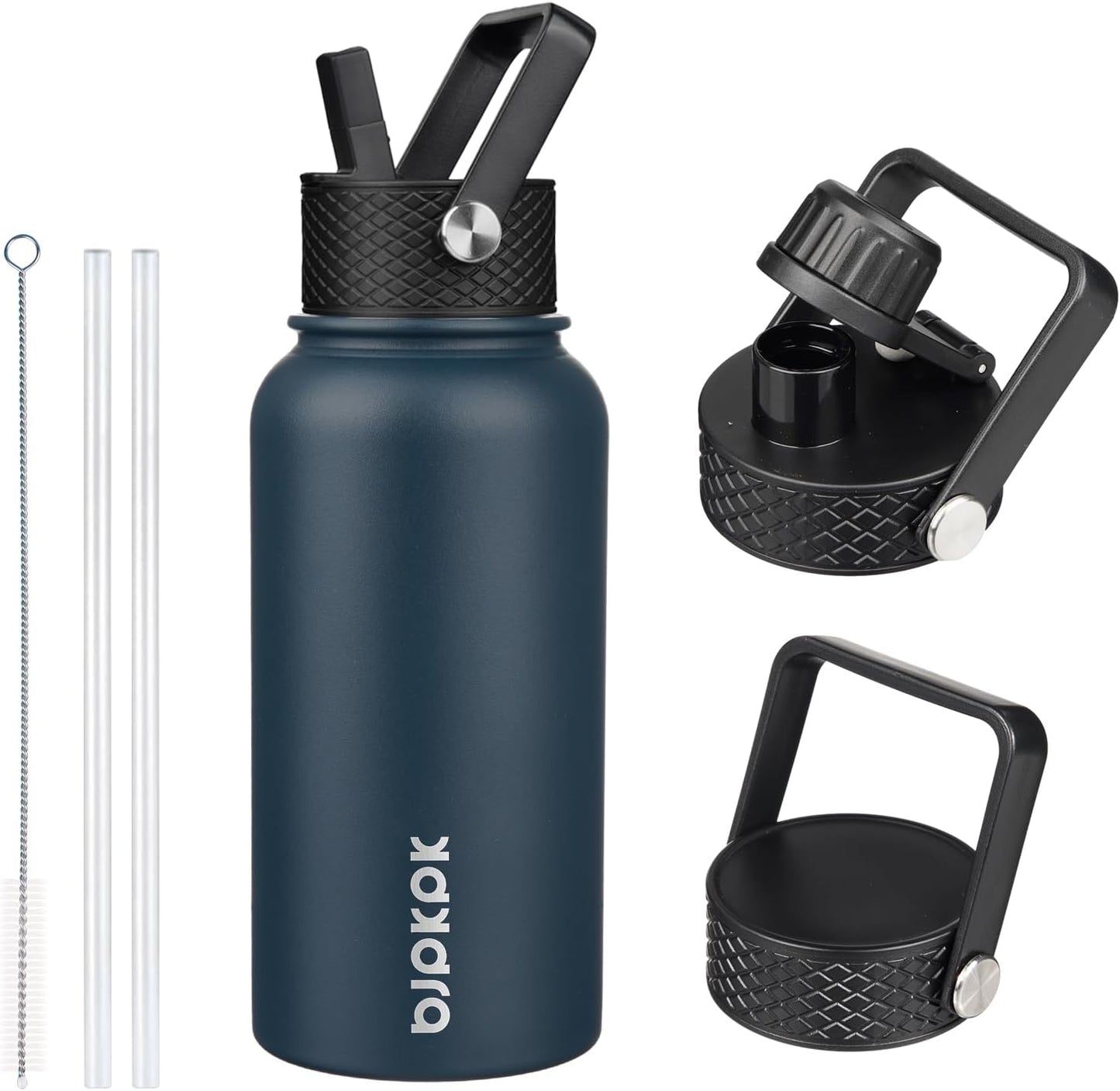 BJPKPK Insulated Water Bottles with Straw Lid, 40oz Stainless Steel Water Bottles with 3 Lids, BPA Free Leakproof Thermo, Tumblers, Cups for Sports, Gym- Midnight - Colors A