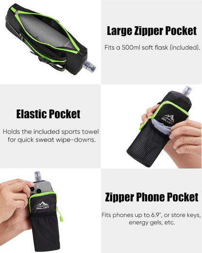 Zelvot Handheld Water Bottle Running, 17 oz Running Water Bottle Hand with Sport Towel and Phone Holder, BPA Free Hand Held Soft Flask with Adjustable Hydration Pack for Runners (Orange)