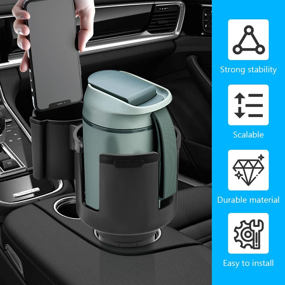 2-in-1 Car Cup Holder Expander, Adjustable Car Extender Adapter with Non-Slip Base - No Spill Cup Holder Extender with 4 Hooks for Yeti, Hydro Flask, Stanley Large Tumblers (10-48oz)