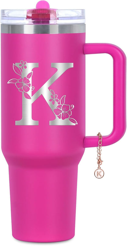Personalized 40 oz Monogrammed Tumbler with Handle and Flip Straw Lid, 100% Leak Proof stainless steel Insulated Tumbler, Customized Initial Funny Gifts for Women Mom Sisters Coworker, A