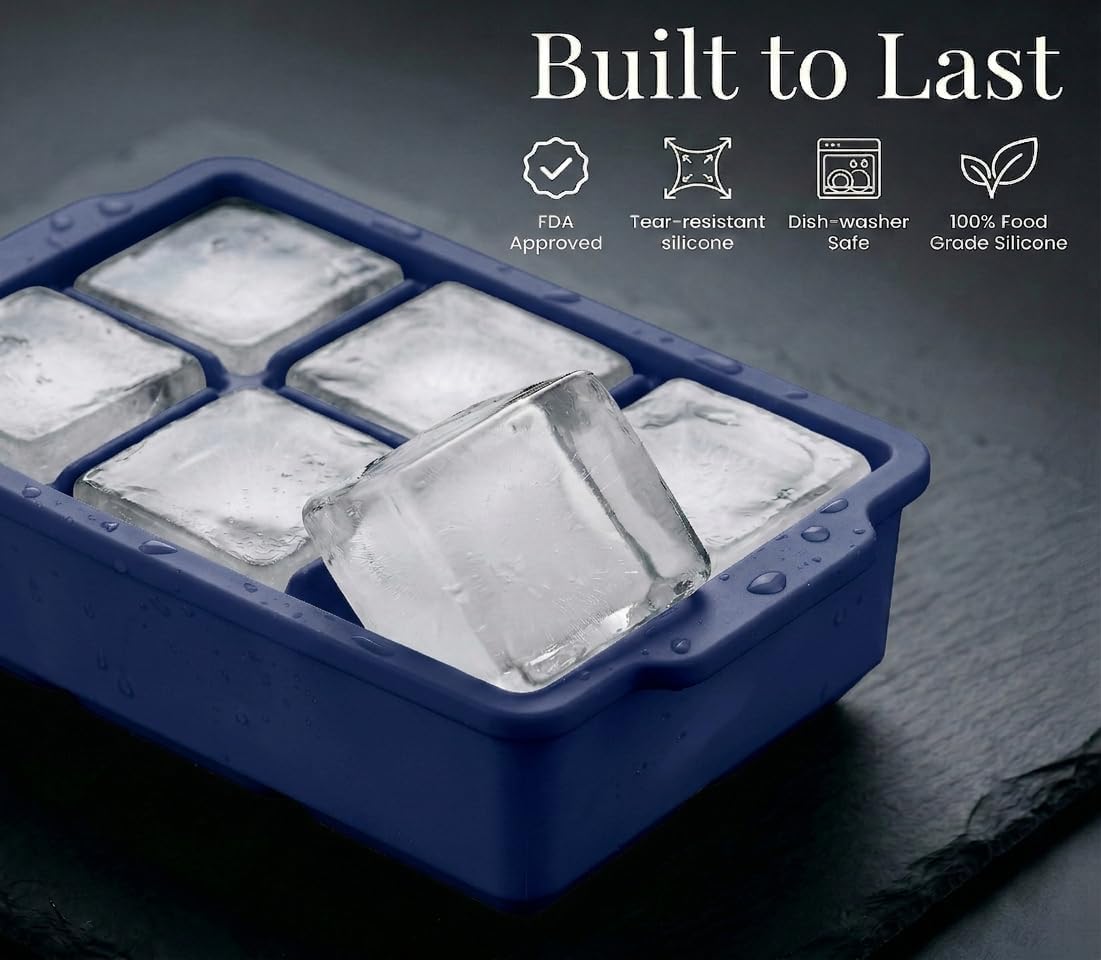 KitchFort Large Silicone Ice Cube Tray (2-Pack), Easy Release 2" Big Ice Cubes - Cocktail, Whiskey Ice Cubes Mold - Ice Trays for Freezer with Lid - Stackable Silicone Ice Tray - Black