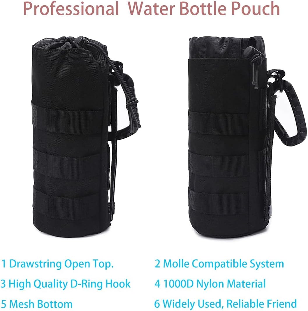 Tactical MOLLE Water Bottle Pouch, 3-Way Attachment: Backpack MOLLE, Belt Loop & D-Ring Hook, Anti-Swing 1000D Nylon Bottle Holder for Hiking Hunting, Fits 18-25oz Flasks