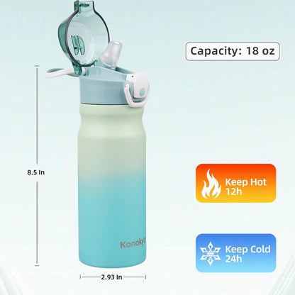Konokyo 18 oz Insulated Water Bottle with Straw Lid, Stainless Steel Vacuum Sports Water Bottle, Leak-Proof Reusable Metal Flask with Carry Loop, BPA-Free Travel Bottle for Gym, School, Office