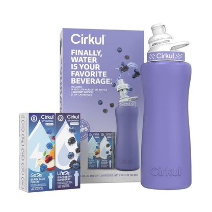 Cirkul 32oz. Chameleon Stainless Steel Water Bottle Starter Kit with Green Lid, 2 Flavor Cartridges (1 LifeSip Blackberry Blueberry, 1 GoSip Berry Blue Punch) No Sugar, Zero Calorie Drink Mix