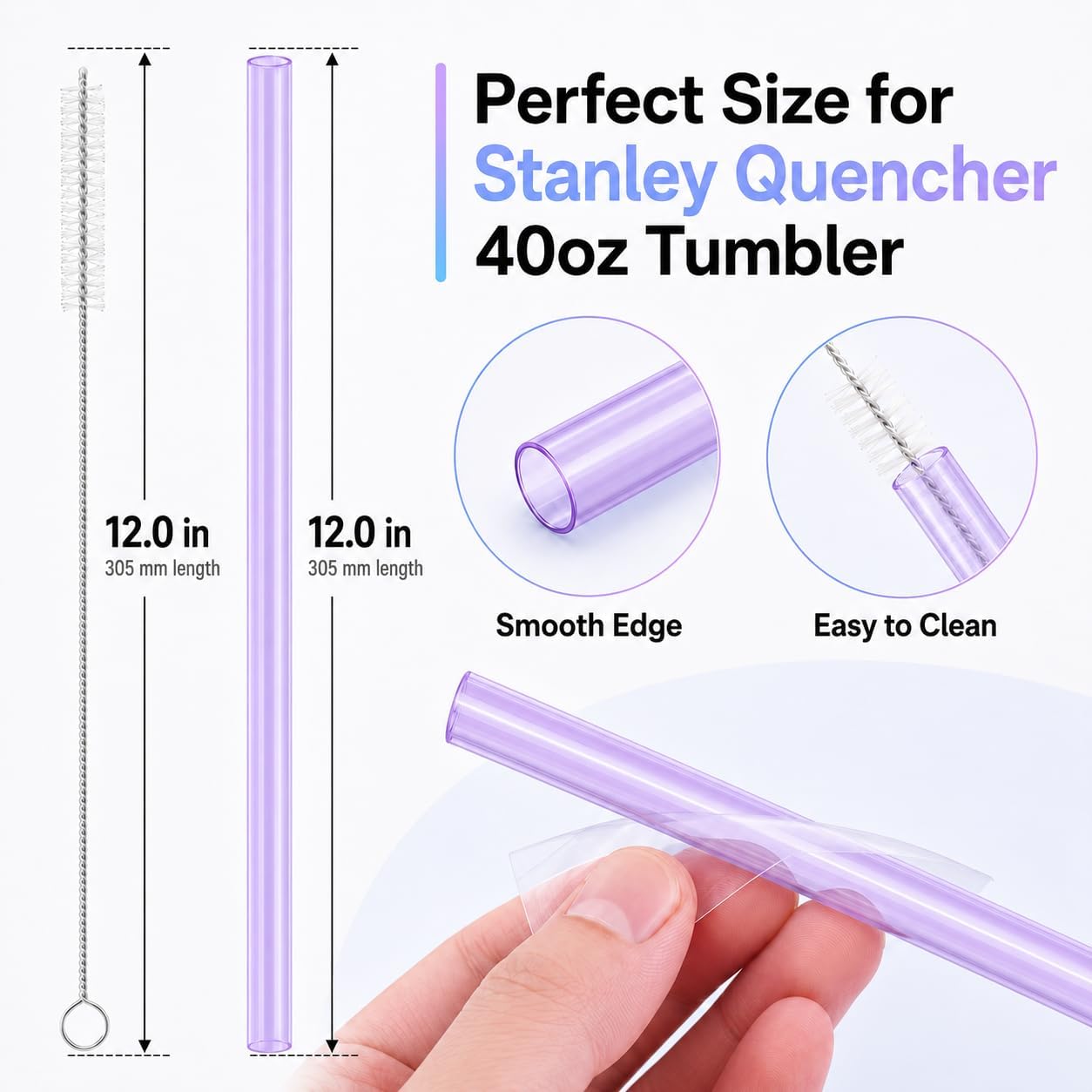 Joshey 12 Inch Tritan Replacement Straws for Stanley 40oz Tumbler - 6 Pack Reusable Long Straws with Cleaning Brush, Fits 30oz & 40oz Stanley Cup Accessories, BPA-Free (6 Colors)