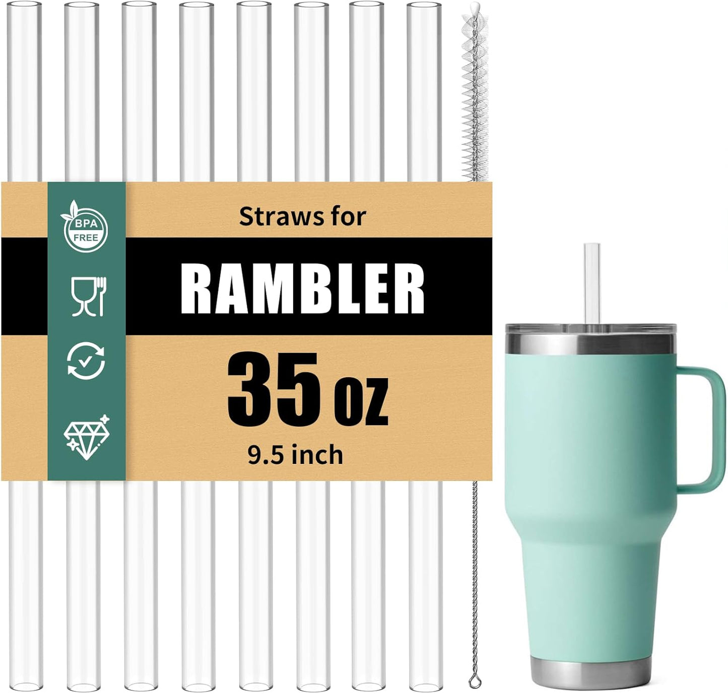 Straws for Yeti 35 oz Rambler Tumbler, 6Pcs 9.5 Inch Reusable Replacement Straws, BPA-Free Hard Plastic Accessories with 1 Cleaning Brush, Ideal for Smoothies, Milkshakes