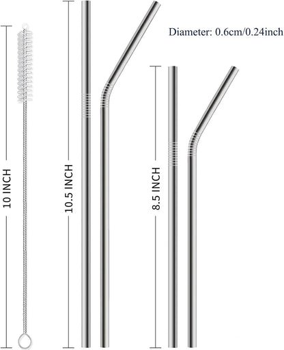12 Pack of Reusable Stainless Steel Metal Straws, 3 Straight + 3 Bent 10.5 Inch and 3 Straight + 3 Bent 8.5 Inch Metal Straws with 2 Cleaning Brushes for 20 24 30 oz Tumbler Dishwasher Safef