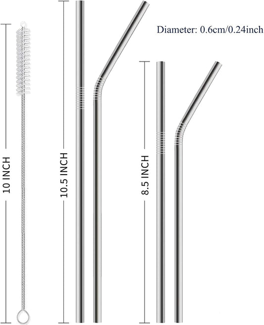 12 Pack of Reusable Stainless Steel Metal Straws, 3 Straight + 3 Bent 10.5 Inch and 3 Straight + 3 Bent 8.5 Inch Metal Straws with 2 Cleaning Brushes for 20 24 30 oz Tumbler Dishwasher Safef