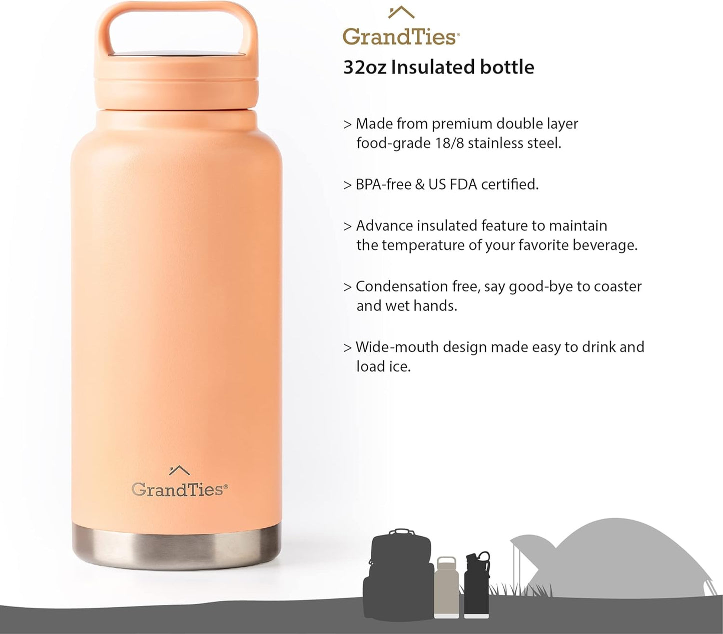 GRANDTIES 2 Lids Sports Stainless Steel Water Bottles – Wide Mouth Vacuum Insulated Reusable Leak Proof BPA-Free Travel Metal Canteen, Thermal Bottles for Men Women Gym (Ivory White 32 oz)