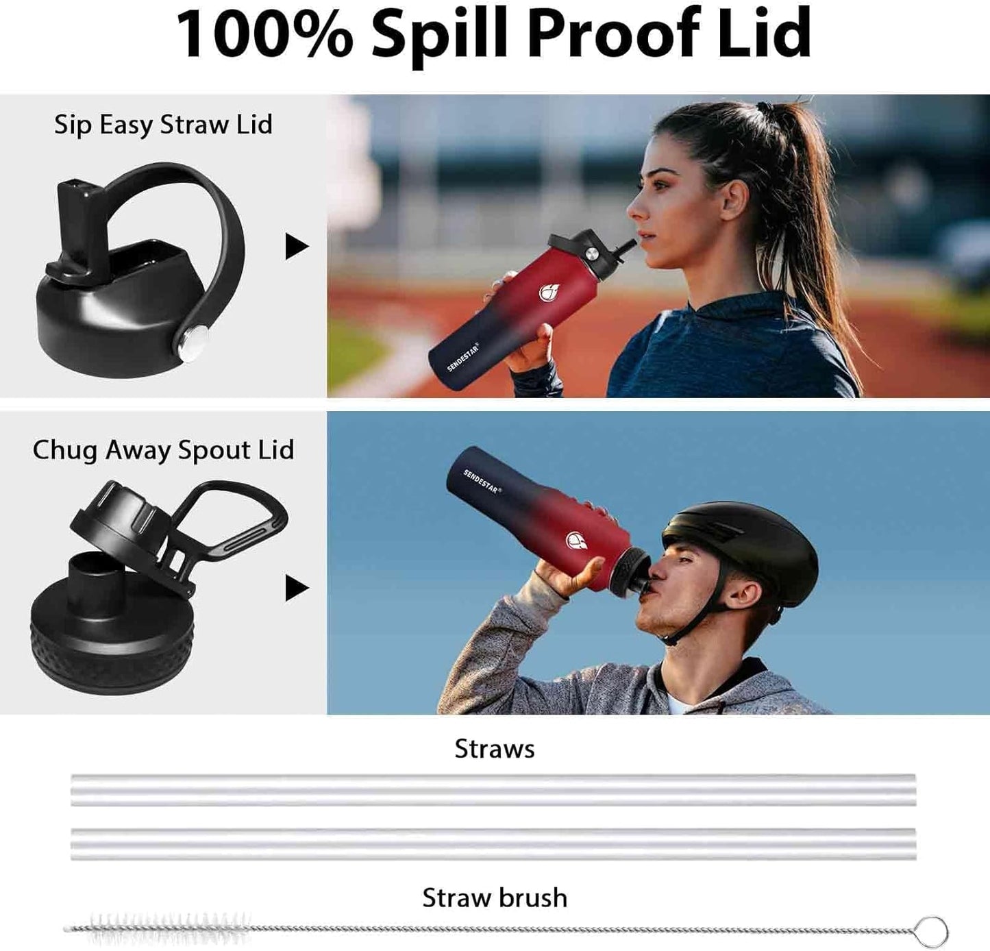 SENDESTAR 40oz Water Bottle Wide Mouth Stainless Steel Vacuum Insulated Double Wall with Straw Lids Fit in Any Car Cup Holder