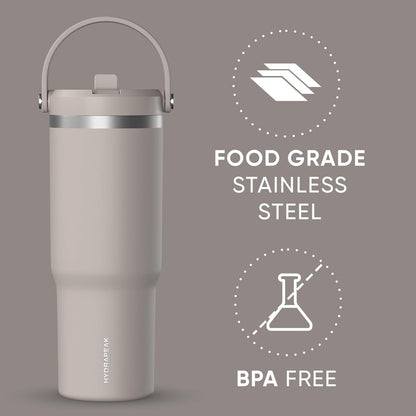 Hydrapeak Nomad 32oz Insulated Stainless Steel Travel Tumbler with Handle & Straw Lid, Leakproof, Cupholder Friendly, Keeps Drinks Cold 24 Hours, Reusable Bottle for Daily Hydration (Pale Sage)