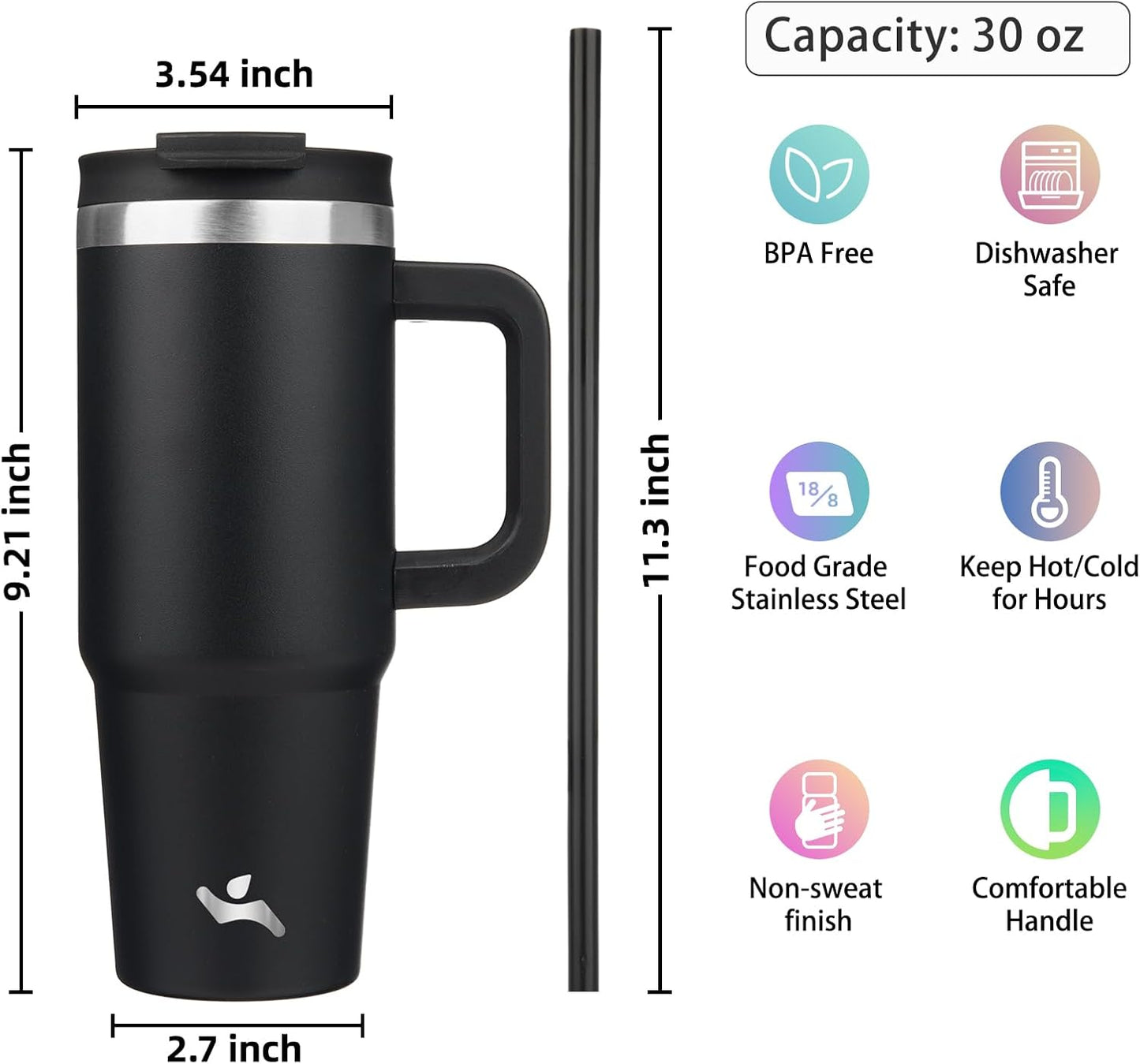 Konokyo 30 oz Tumbler with Handle and 2 Straws,2 in 1 Lid Insulated Water Bottle Stainless Steel Travel Coffee Mug,Sky